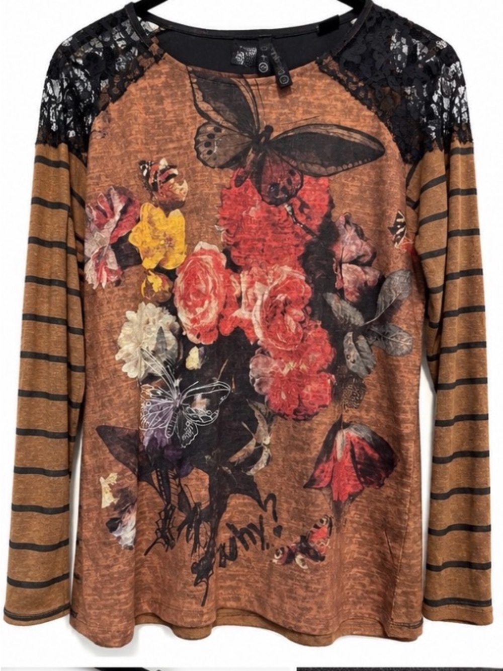 Desigual XXL Floral Butterfly Lace Shoulder Striped Long Sleeve Top